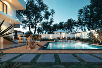 render interior building,outdoor garden design,3d landscape,backyard,pool, patio