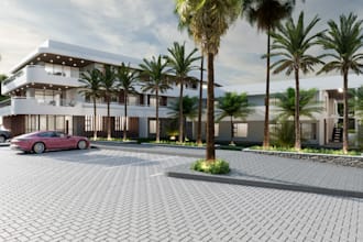 renovate 3d hotel building,garden landscape, driveway,front elevation,cgi render
