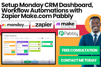 setup monday crm dashboard, workflow automations with zapier make pabbly