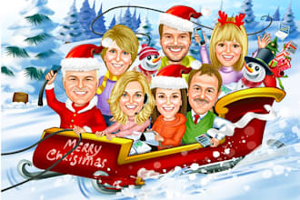 draw your group christmas, holiday funny cartoon caricature card