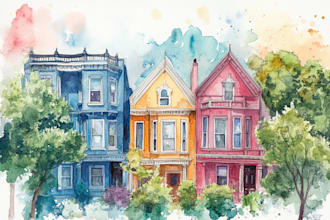 draw watercolor house portrait or city space illustration