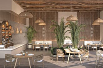 render 2d floor plan to modern desert resort restaurant, cgi cafe interior decor