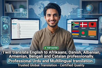 translate english to afrikaans, danish, albanian, armenian, bengali and catalan