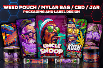 design unique weed pouch, mylar bag, jar, box and cbd product labels