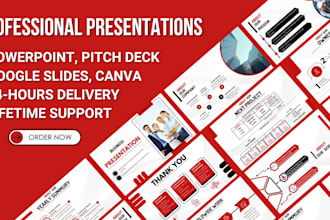 design pitch deck, google slides, canva or powerpoint presentations