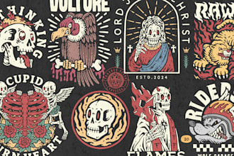 create vintage,oldschool skull illustrations in flat colors