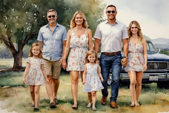 wonderful watercolor painting of a family