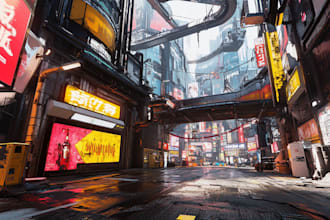 create cyberpunk futuristic city landscape or sci fi concept