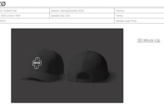 create tech pack and 3d mock up for custom hats
