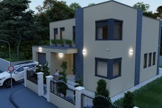aesthetic 3d exterior interior design, landscape, garage, lighting, pool render