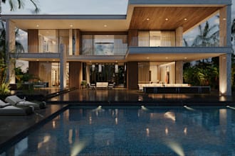 render photorealistic building, luxury villa, pool patio, render elevation plan
