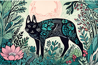 draw animal and botanical linocut doodle illustration