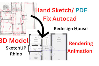 redesign floor plan, fix 3d model in rhino or sketchup, 2d plan to 3d model