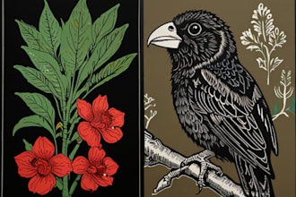 do animal and botanical linocut illustration