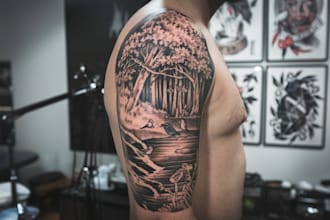 draw unique custom tattoo sleeve design, realistic, traditional tattoo artist