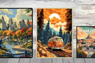 make art deco unique retro vintage travel poster landscape illustration