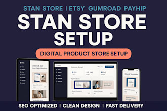 setup stan store, etsy shop, design digital products, gumroad, etsy SEO, payhip