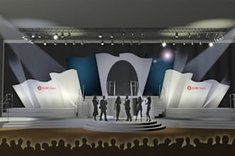 create and render 3d stage design, studio, TV talk show design, 3d home interior