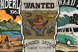 create retro vintage t shirt design in hand drawn style