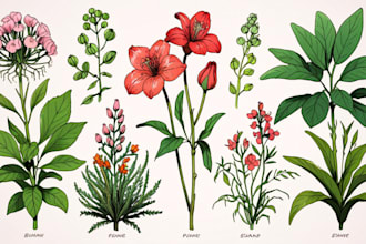 draw botanical illustrations of flowers, plants, fruits