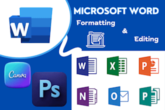 be ms editing expert, photoshop redesign, msword document formatting, canva edit