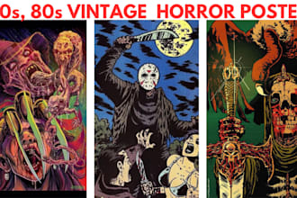 draw 70s 80 horror poster vintage gore monster creepy metal dark art or thriller