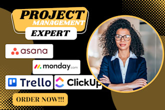 be project management on monday crm, clickup, asana, trello, virtual assistant