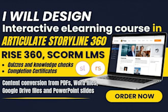 design elearning course in articulate storyline 360, rise 360, scorm, slide show