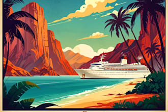 make vintage, retro, art deco, realistic travel poster or landscape illustration