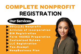 complete 501c3 nonprofit with articles, form 1023ez, bylaws, ein, coi, llc