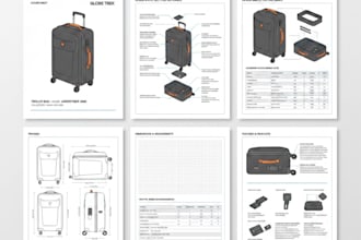 design and create a tech pack for duffle bag, luggage etc