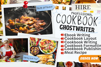 food analysis  and design your food recipe book, cookbook layout, meal recipe