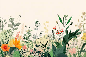create a botanical illustration of flowers, plants, fruits