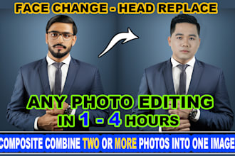 advanced adobe photoshop work, face swap, image edit, photo retouch color change