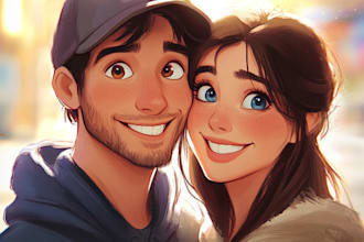 do family, couple, pet portrait in disney cartoon style for gift