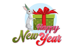 create happy new year text with cute rabbit logo design