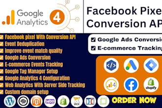 fix or set up ga4, GTM, meta facebook pixel conversion API