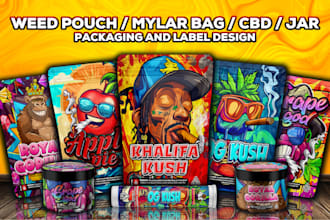 design unique weed pouch, mylar bag, jar and cbd product packages