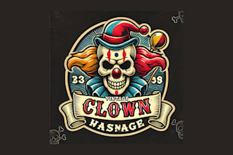 create vintage clown skull logo for your company