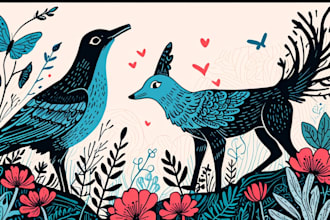 draw animal and botanical linocut doodle illustration