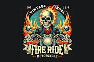 make vintage skull fire ride motorcycle logo for your compnay