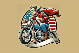 do modarn vintage a man with glasses riding a motorbike logo