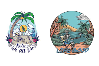 design hand drawn skeleton surfing beach logo