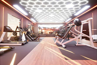 design 3d interior gym visualization,cardio area, reception or lounge skp render