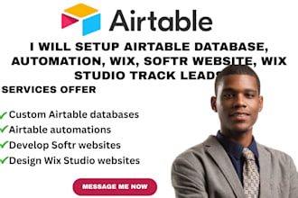 setup airtable database, automation, wix, softr website, wix studio track leads