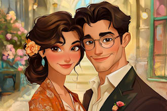 draw you cute disney cartoon couple portrait