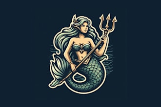 do vintage mermaid holding a trident spear logo for your brand