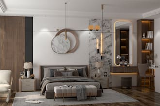do 3d interior design of kitchen, bathroom, and living room