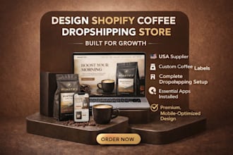 design shopify coffee dropshipping website, roastify branding custom label