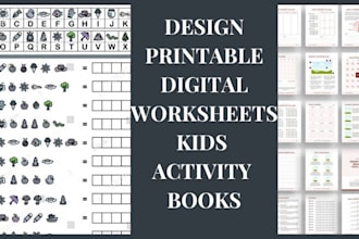 design printable worksheets, activity books, and KDP interiors for kids
